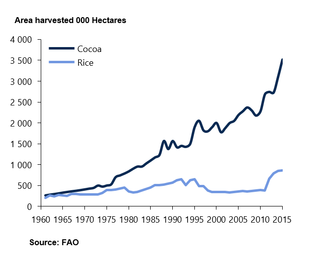 Harvested area of Cocoa vs Rice